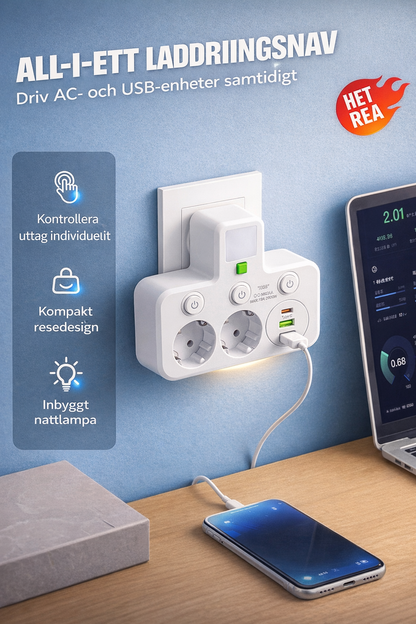All-i-ett Grenuttag med USB & Nattlampa