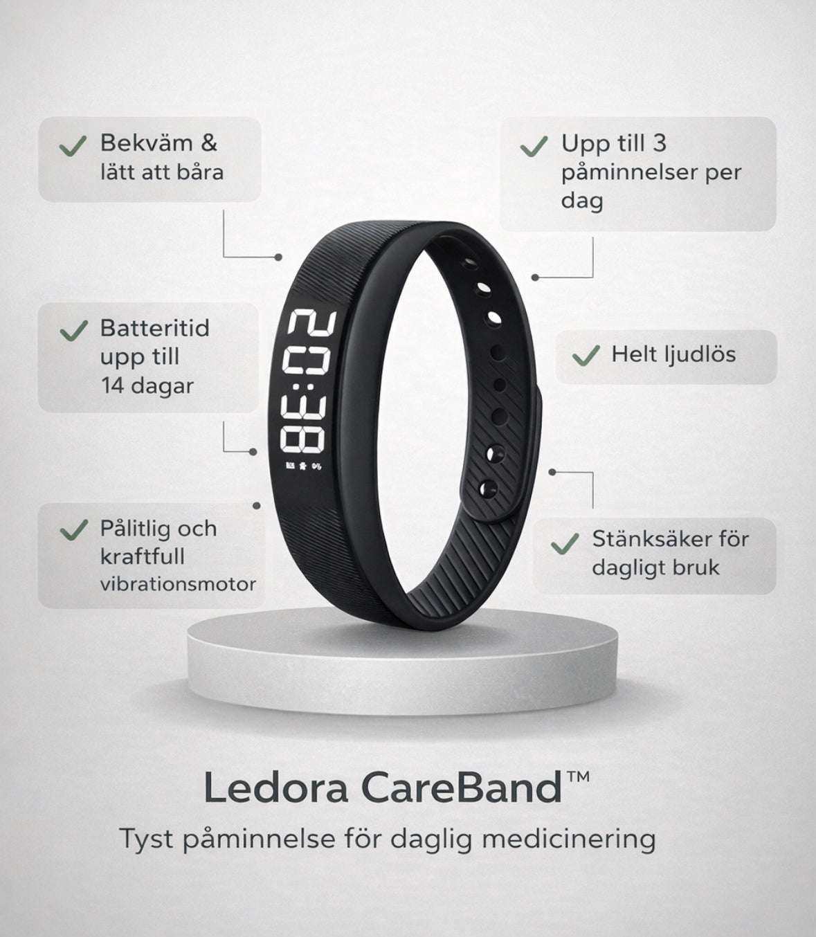 Ledora CareBand™ – Tyst medicinpåminnelse – för dig eller någon du bryr dig om